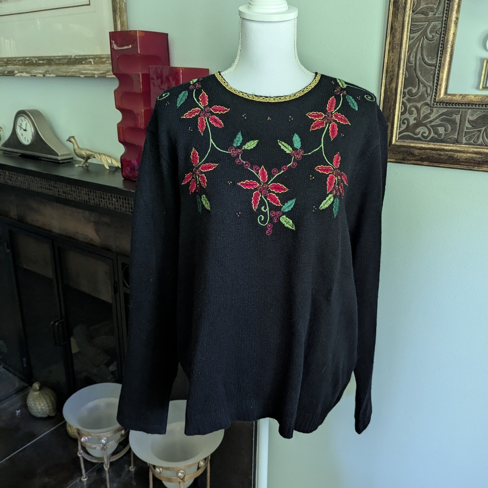 Vtg 90s Salon Studio By Haband Women's XL Poinsetta Christmas Sweater Beaded 187